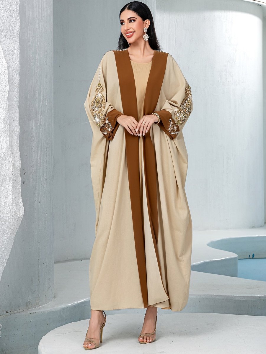 Luxury Rust Bead Muslim Wedding & Party Khaki Gold Embroidered Contrast Jacket Abaya(MOA158)