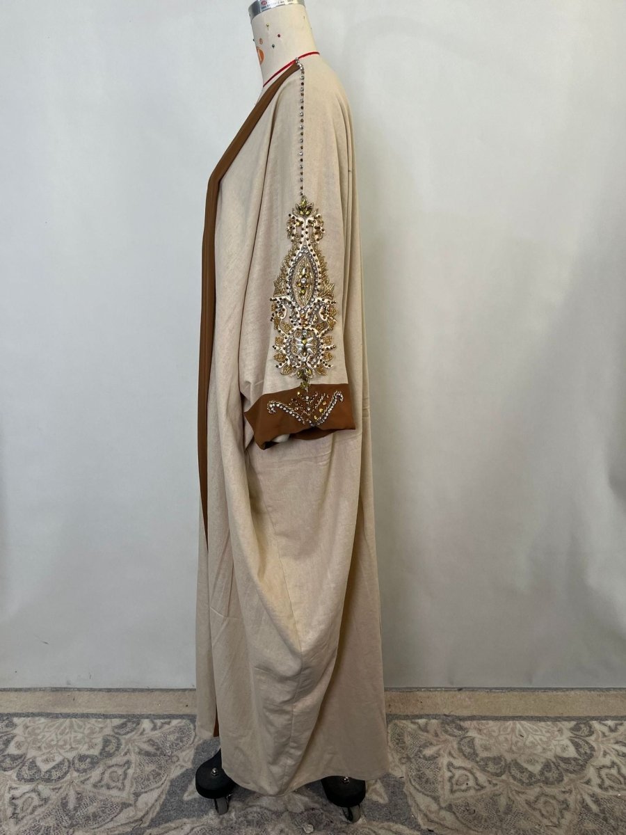 Luxury Rust Bead Muslim Wedding & Party Khaki Gold Embroidered Contrast Jacket Abaya(MOA158)