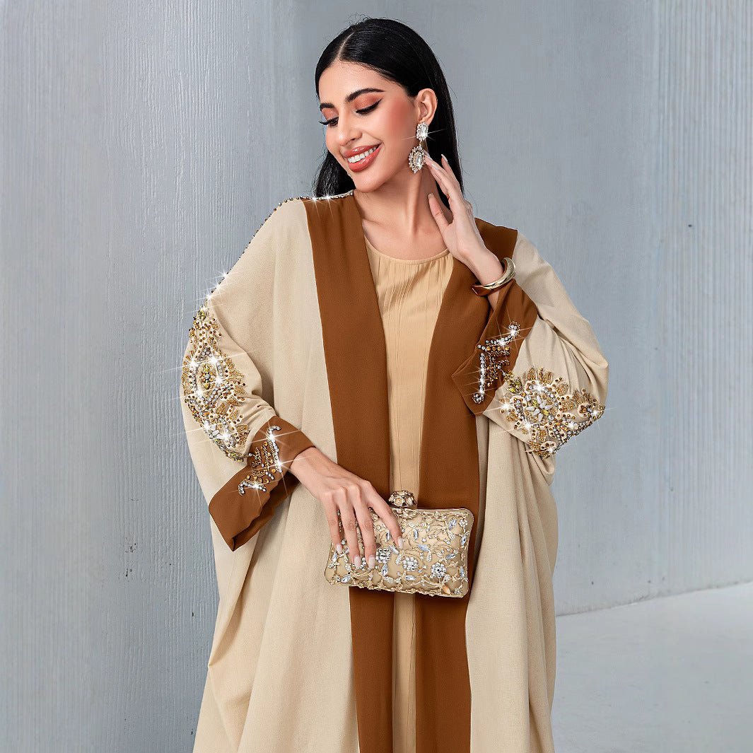 Luxury Rust Bead Muslim Wedding & Party Khaki Gold Embroidered Contrast Jacket Abaya(MOA158)