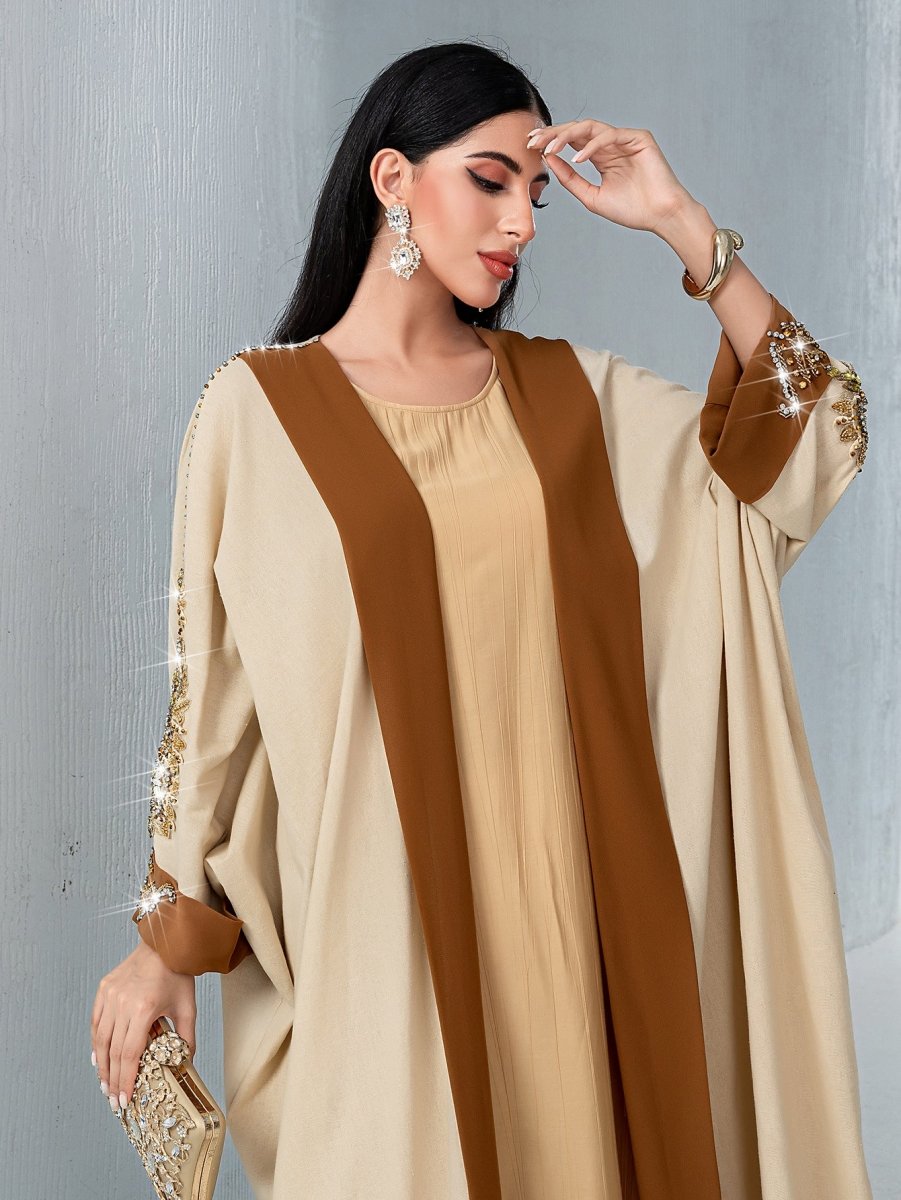 Luxury Rust Bead Muslim Wedding & Party Khaki Gold Embroidered Contrast Jacket Abaya(MOA158)