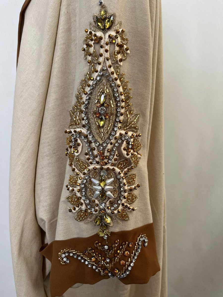 Luxury Rust Bead Muslim Wedding & Party Khaki Gold Embroidered Contrast Jacket Abaya(MOA158)