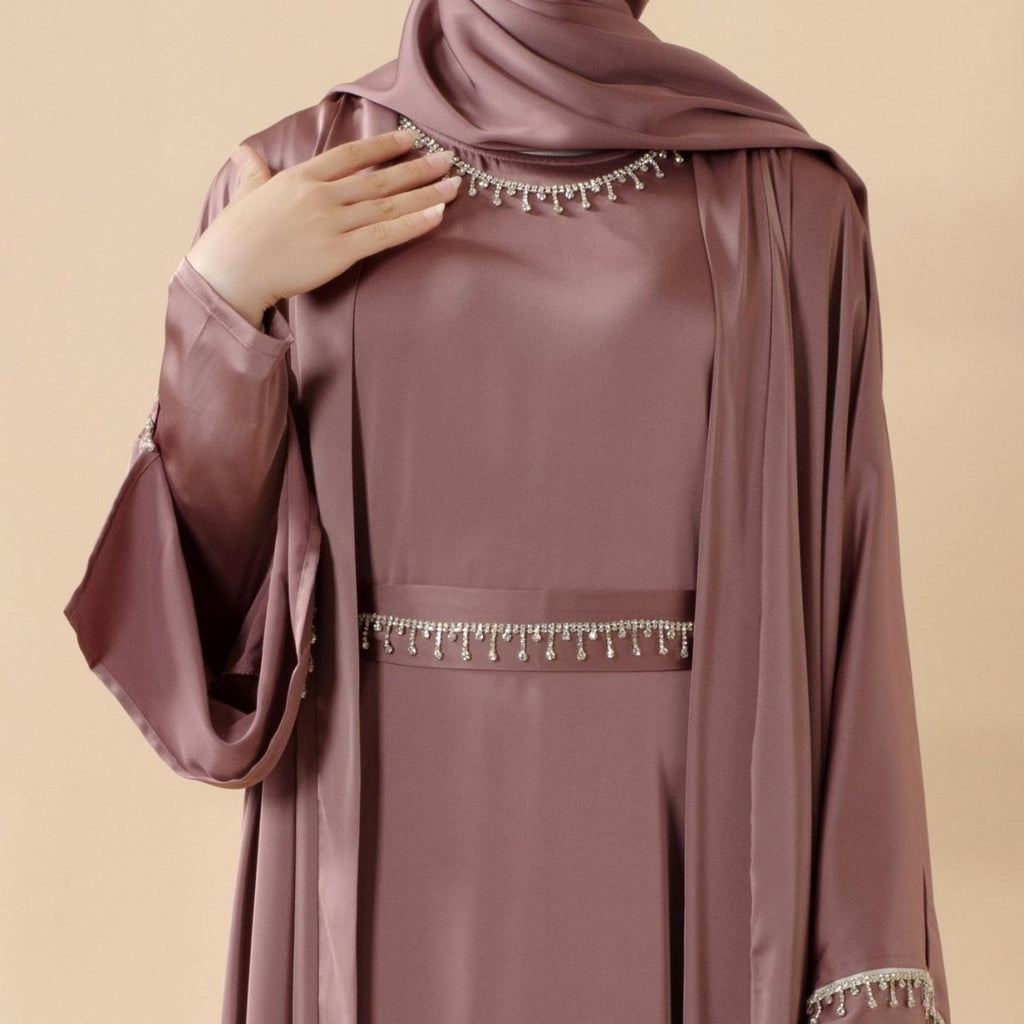 Luxury Satin Abaya With Diamond Tassels Belt,  6-Piece Set (MOA041)