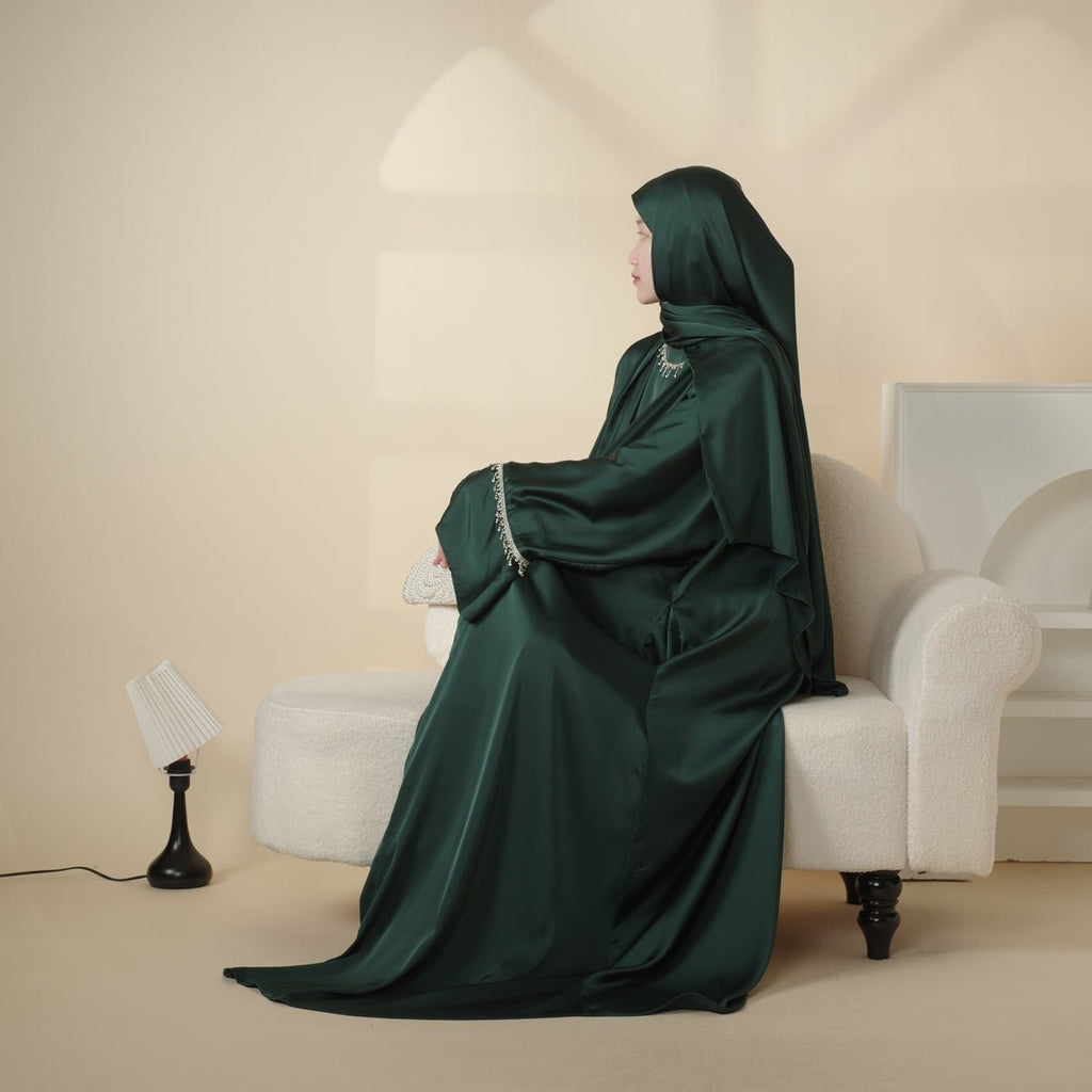 Luxury Satin Abaya With Diamond Tassels Belt,  6-Piece Set (MOA041)