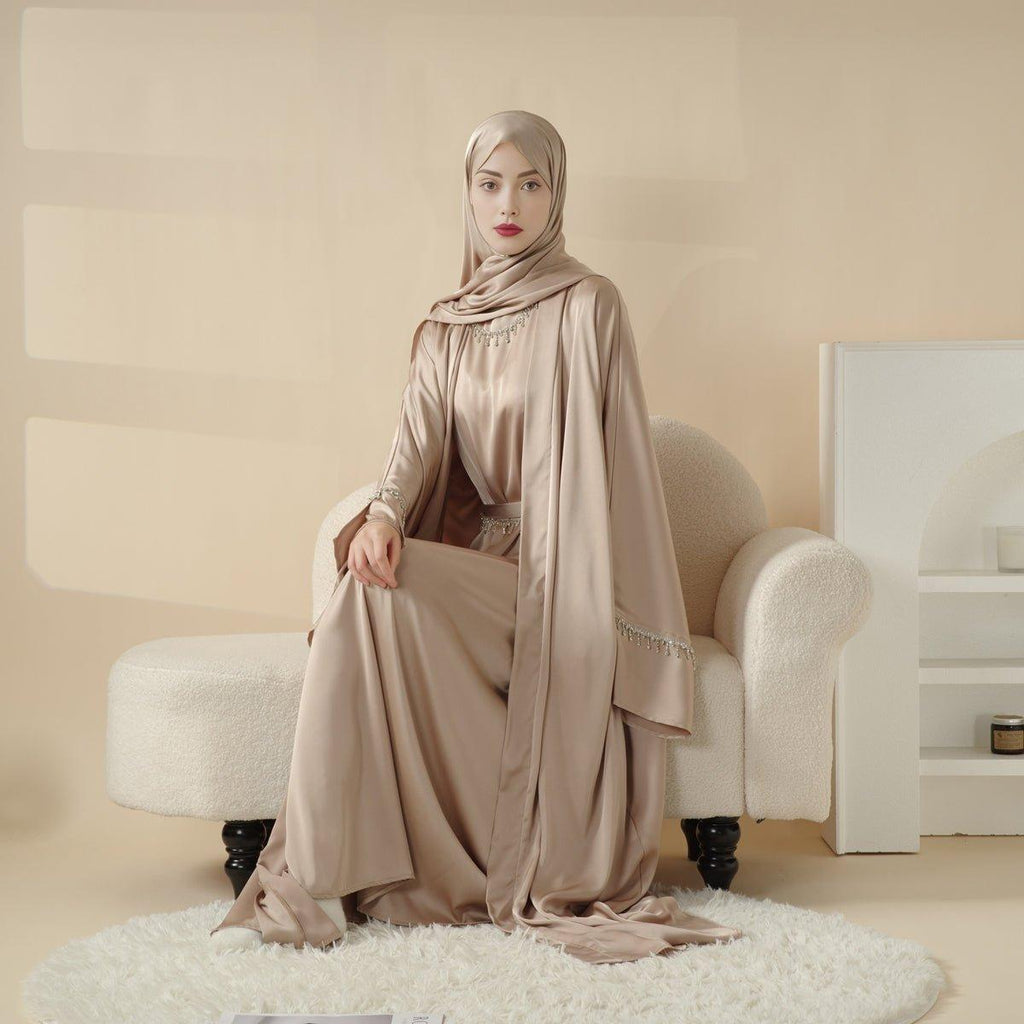 Luxury Satin Abaya With Diamond Tassels Belt,  6-Piece Set (MOA041)