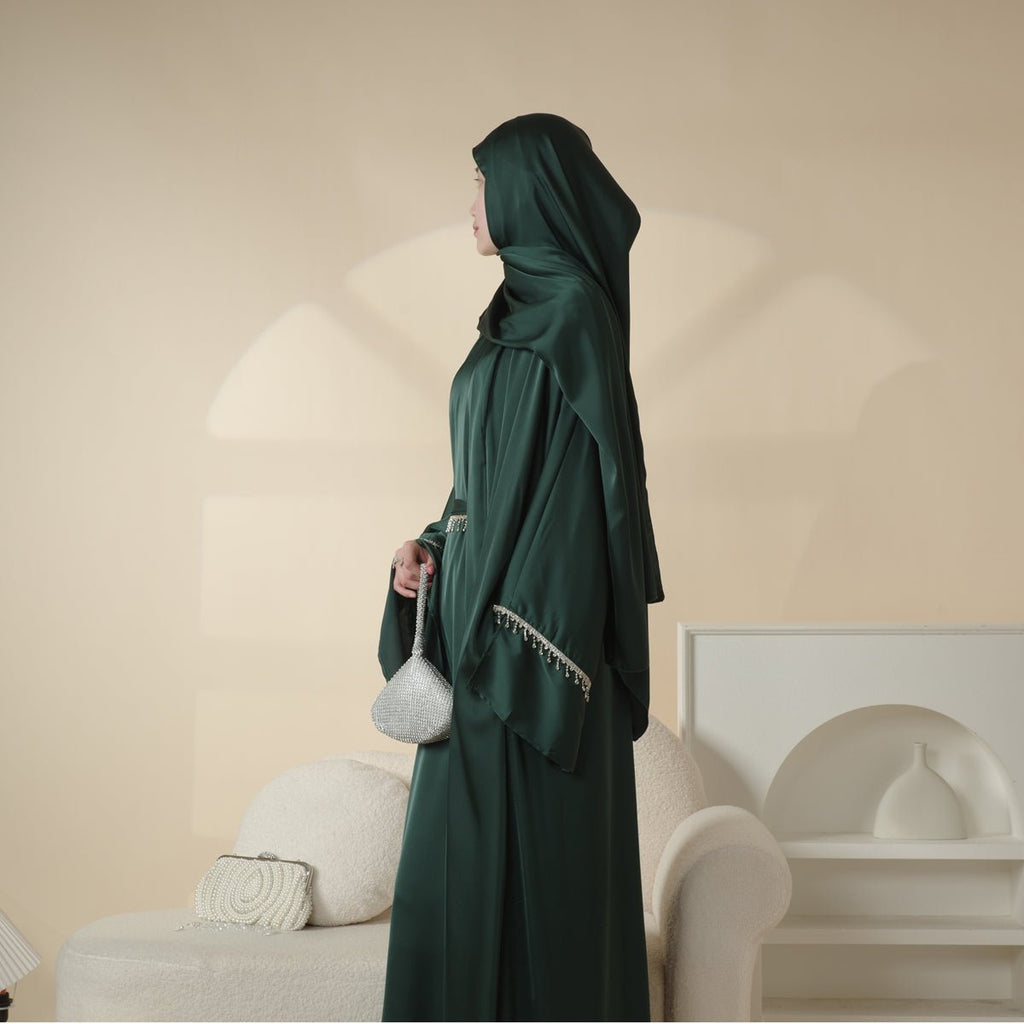 Luxury Satin Abaya With Diamond Tassels Belt,  6-Piece Set (MOA041)