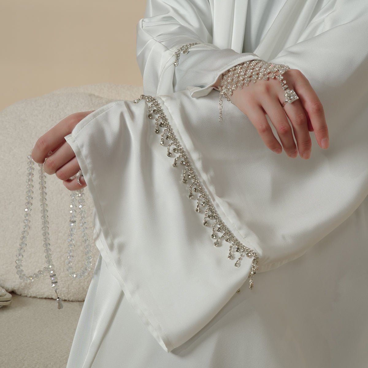Luxury Satin Abaya With Diamond Tassels Belt,  6-Piece Set (MOA041)