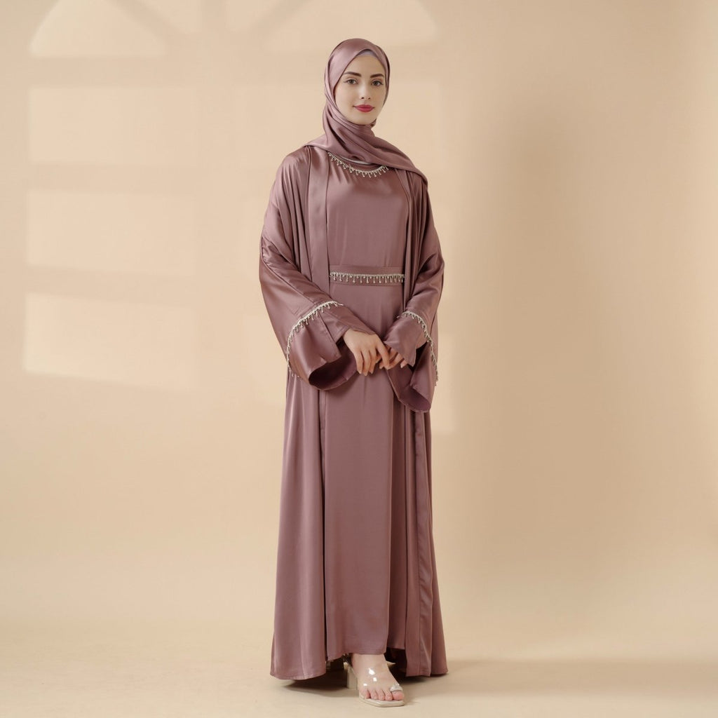 Luxury Satin Abaya With Diamond Tassels Belt,  6-Piece Set (MOA041)