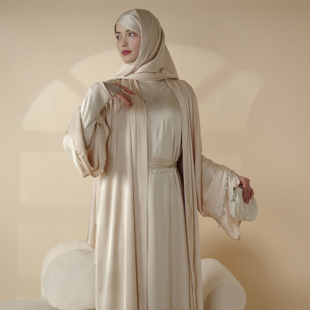 Luxury Satin Abaya With Diamond Tassels Belt,  6-Piece Set (MOA041)