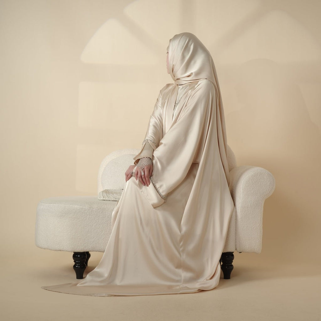 Luxury Satin Abaya With Diamond Tassels Belt,  6-Piece Set (MOA041)