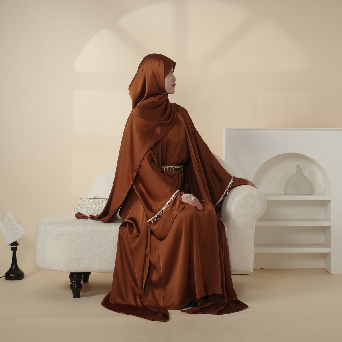 Luxury Satin Abaya With Diamond Tassels Belt,  6-Piece Set (MOA041)
