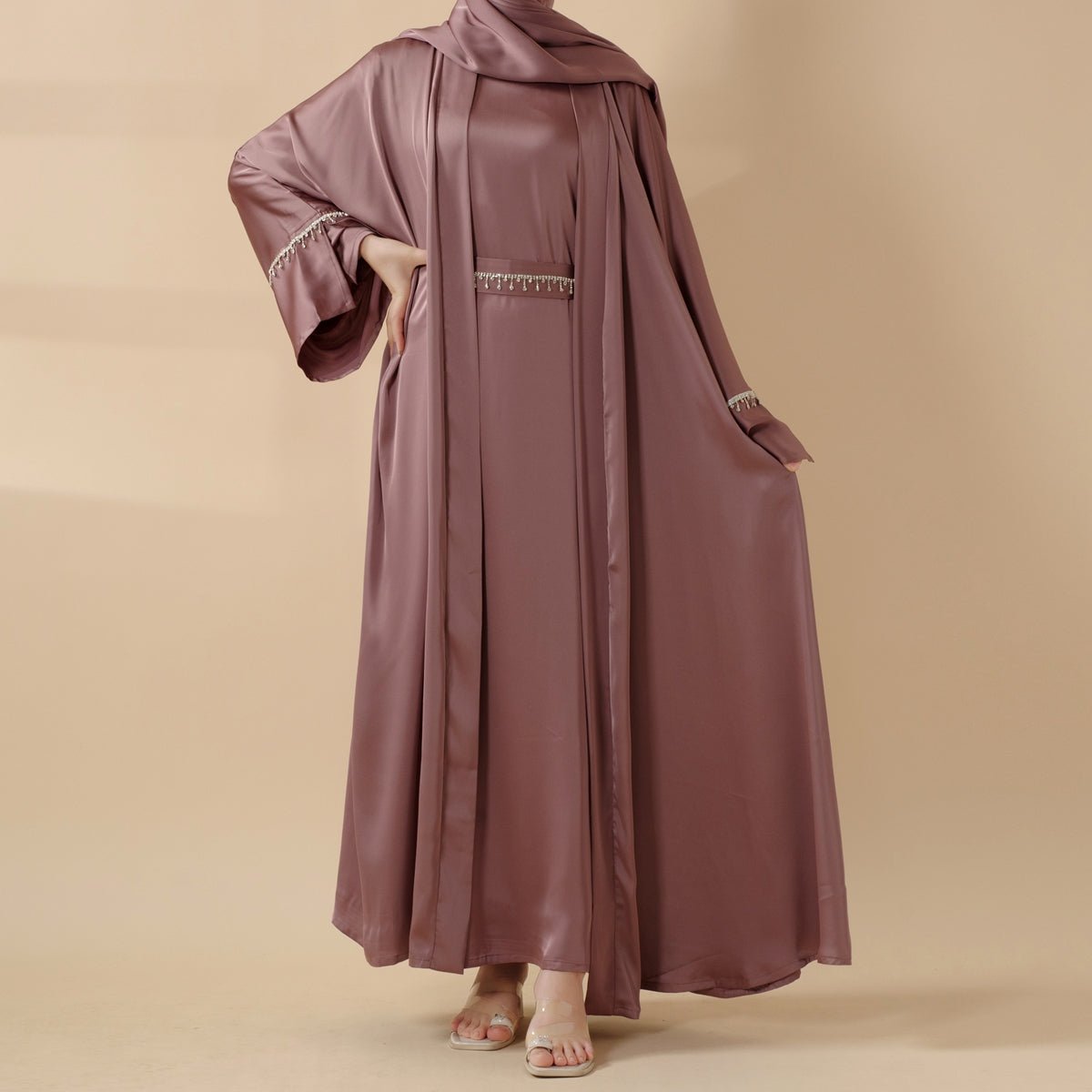 Luxury Satin Abaya With Diamond Tassels Belt,  6-Piece Set (MOA041)