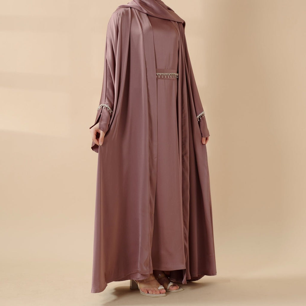 Luxury Satin Abaya With Diamond Tassels Belt,  6-Piece Set (MOA041)