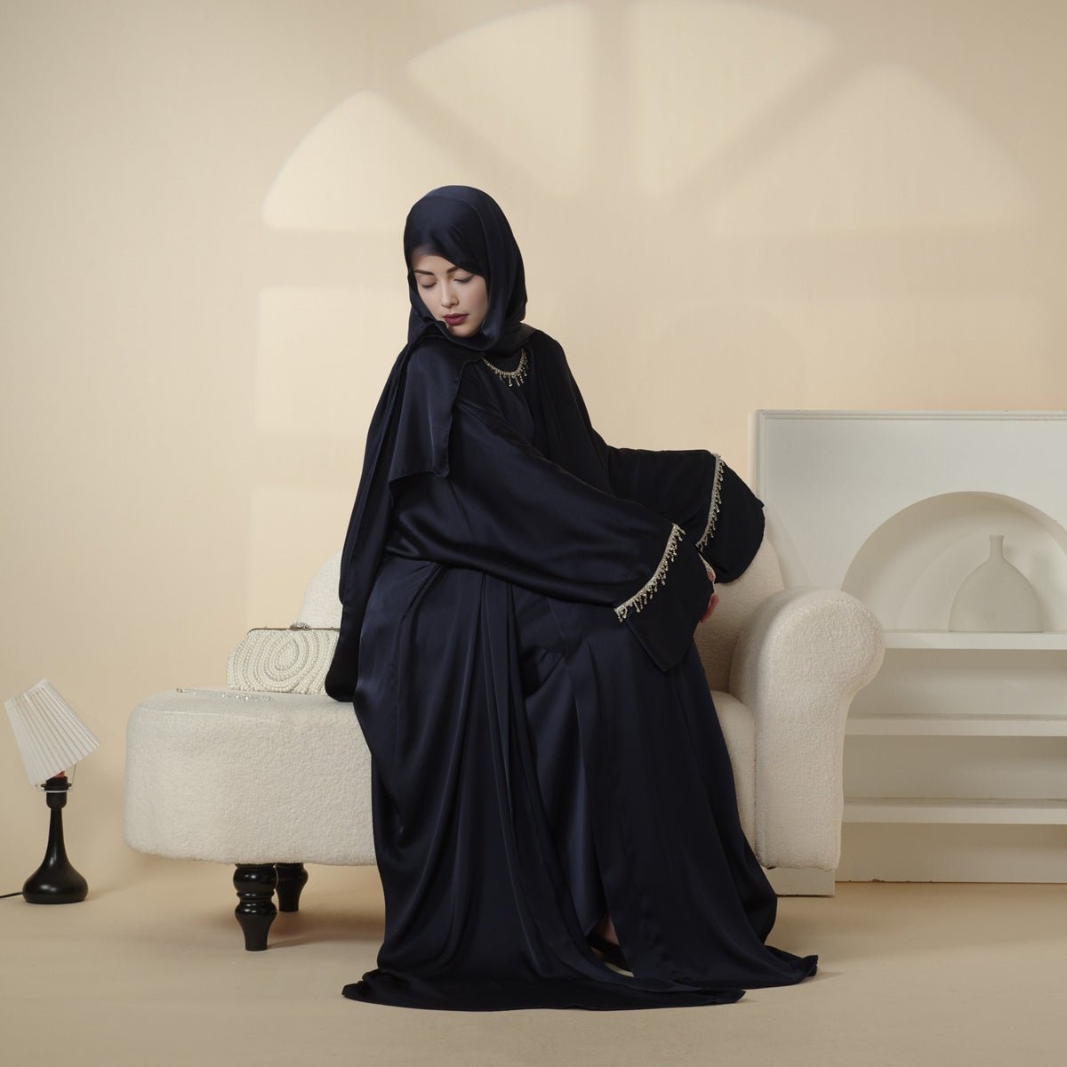 Luxury Satin Abaya With Diamond Tassels Belt,  6-Piece Set (MOA041)