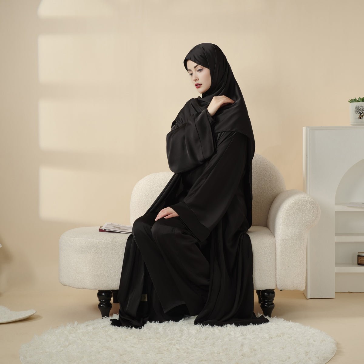 Luxury Satin Modest Abaya Set 4-Piece – Elegant Open Abaya, Top, Pants & Matching Hijab(MOA034)