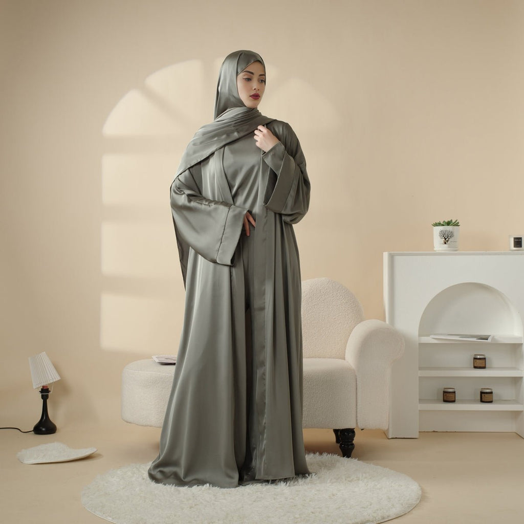 Luxury Satin Modest Abaya Set 4-Piece – Elegant Open Abaya, Top, Pants & Matching Hijab(MOA034)