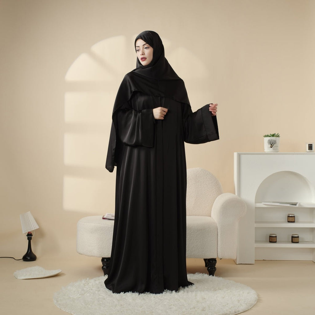 Luxury Satin Modest Abaya Set 4-Piece – Elegant Open Abaya, Top, Pants & Matching Hijab(MOA034)