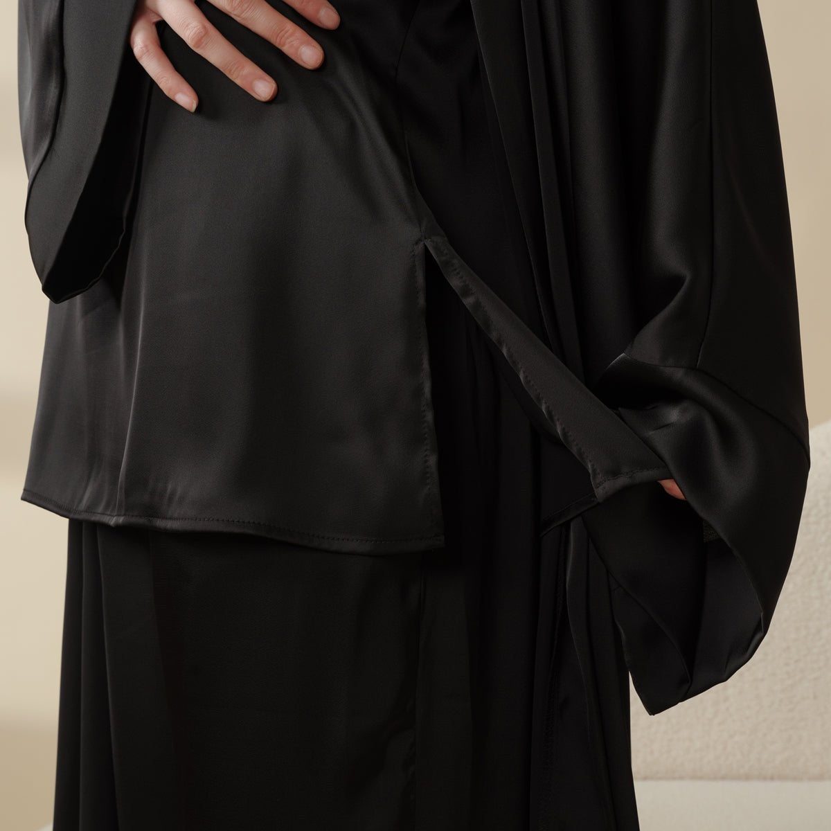 Luxury Satin Modest Abaya Set 4-Piece – Elegant Open Abaya, Top, Pants & Matching Hijab(MOA034)