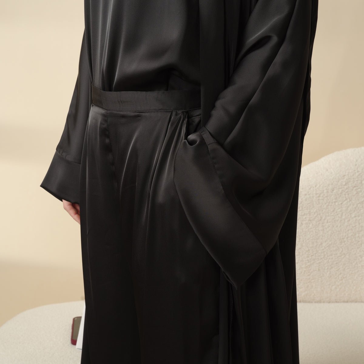 Luxury Satin Modest Abaya Set 4-Piece – Elegant Open Abaya, Top, Pants & Matching Hijab(MOA034)
