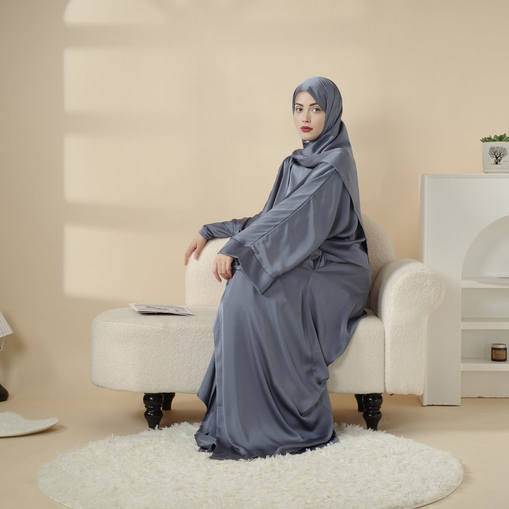 Luxury Satin Modest Abaya Set 4-Piece – Elegant Open Abaya, Top, Pants & Matching Hijab(MOA034)