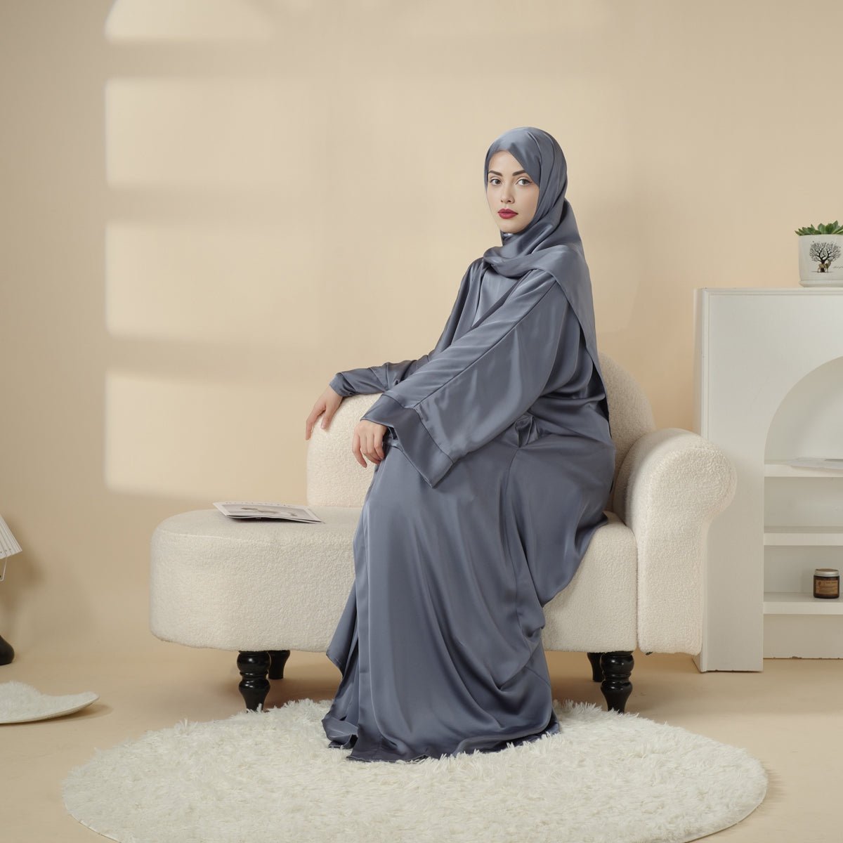 Luxury Satin Modest Abaya Set 4-Piece – Elegant Open Abaya, Top, Pants & Matching Hijab(MOA034)
