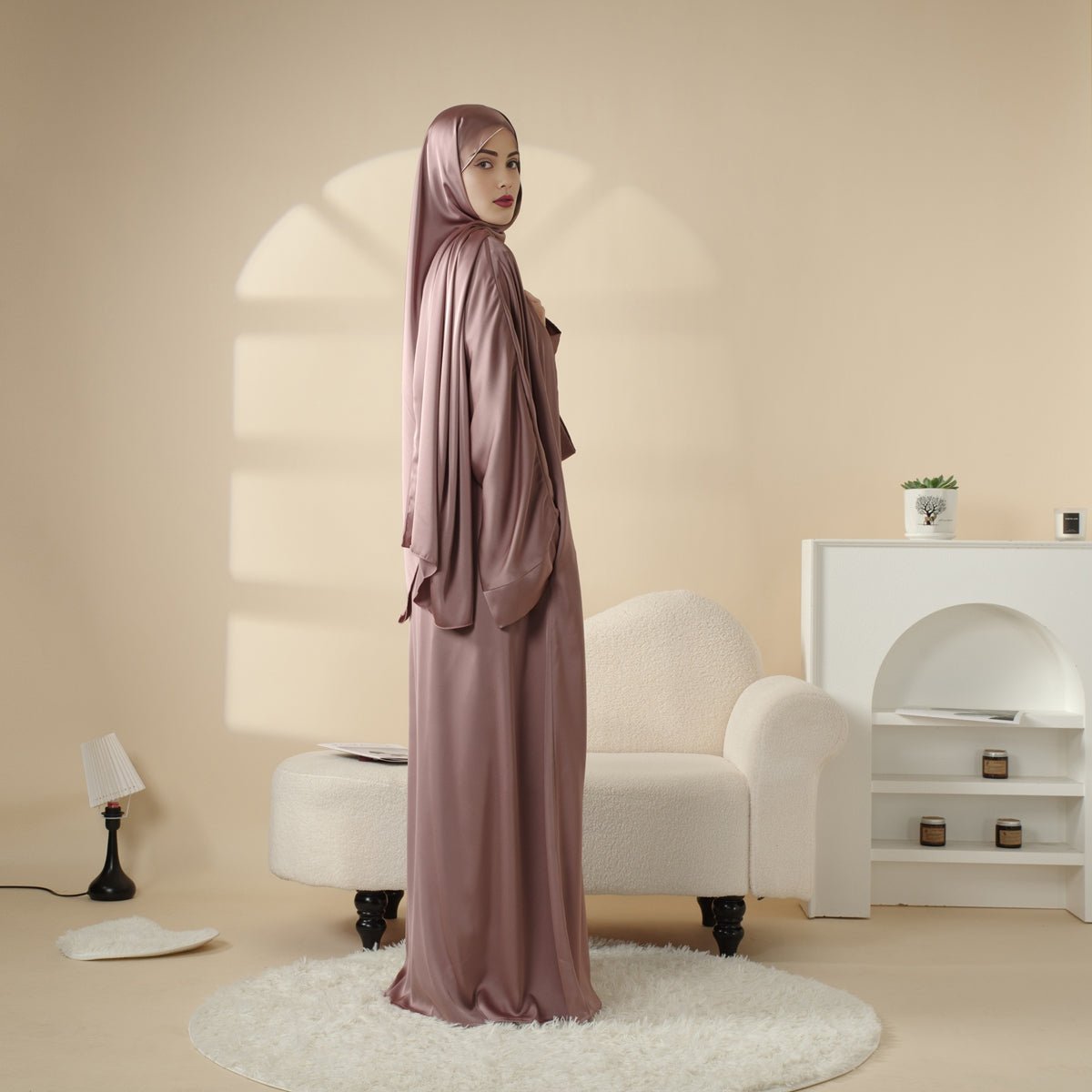 Luxury Satin Modest Abaya Set 4-Piece – Elegant Open Abaya, Top, Pants & Matching Hijab(MOA034)
