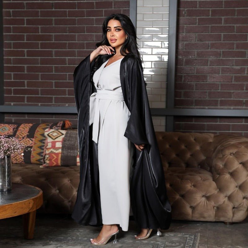 Luxury Silk Satin Bat Sleeve Abaya Robe | Modest V-Neck Evening Dress (MOA225)