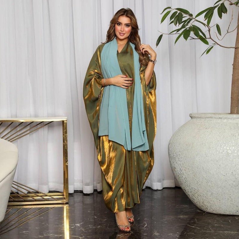 Luxury Silk Satin Bat Sleeve Abaya Robe | Modest V-Neck Evening Dress (MOA225)