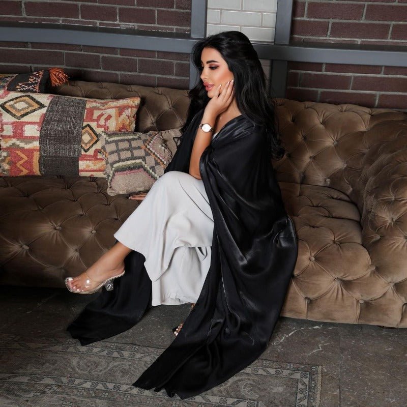 Luxury Silk Satin Bat Sleeve Abaya Robe | Modest V-Neck Evening Dress (MOA225)