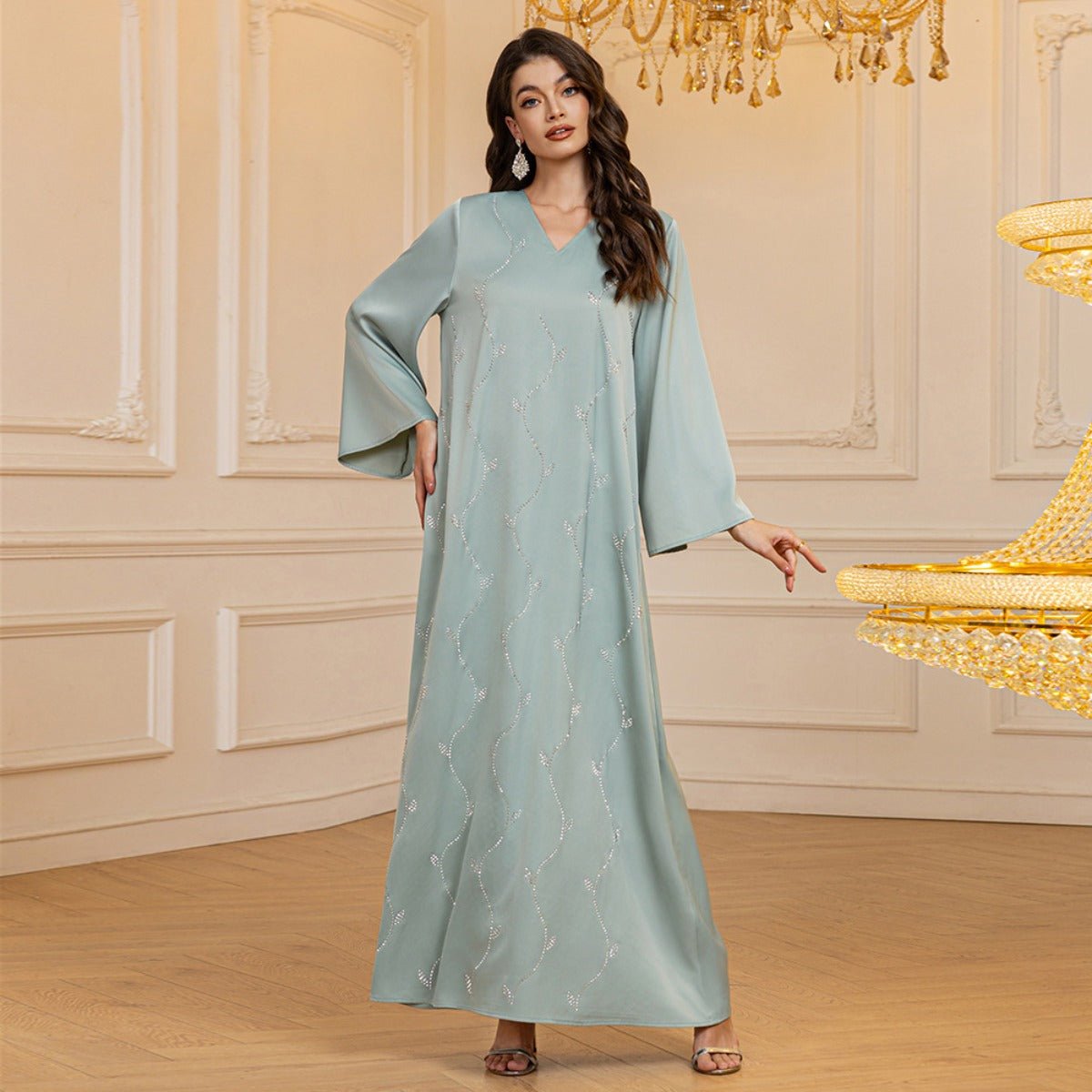 Luxury Textured Satin Diamond Embellished Robe Dress - High-End V-Neck Evening Gown with Flared Sleeves(MA276)
