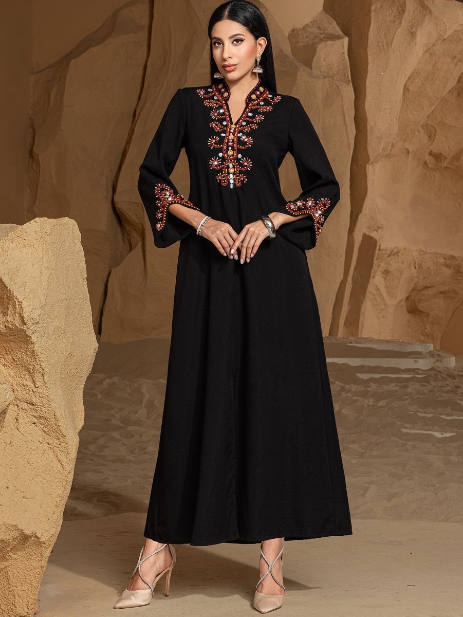Luxury V-Neck Black & Gold Rice Bead Embroidered  Party & Wedding Abaya (MA187)