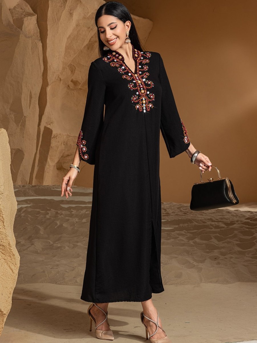 Luxury V-Neck Black & Gold Rice Bead Embroidered  Party & Wedding Abaya (MA187)
