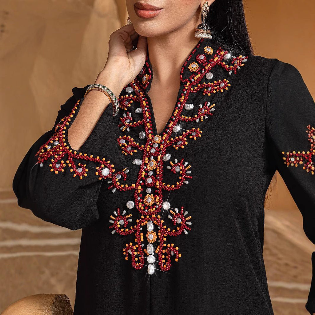 Luxury V-Neck Black & Gold Rice Bead Embroidered  Party & Wedding Abaya (MA187)