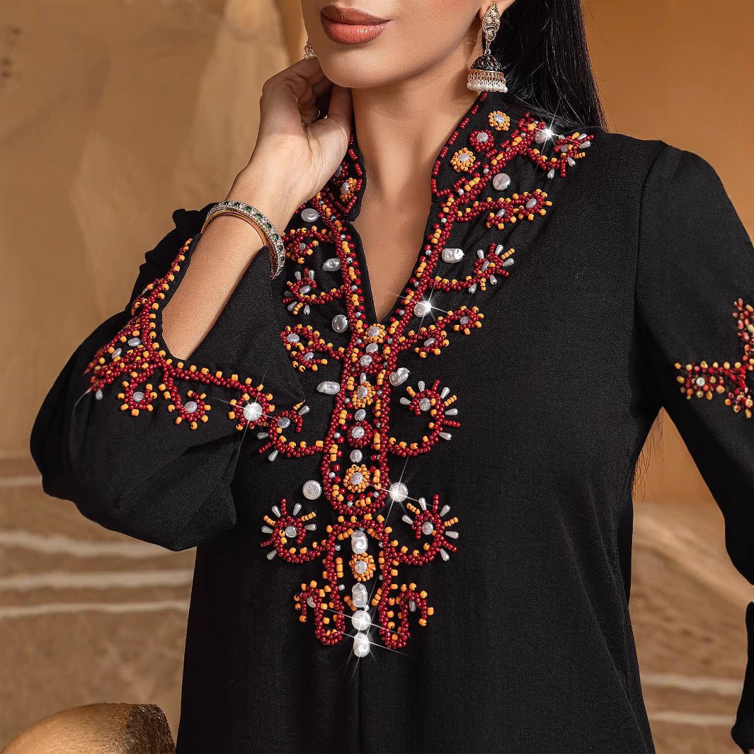 Luxury V-Neck Black & Gold Rice Bead Embroidered  Party & Wedding Abaya (MA187)