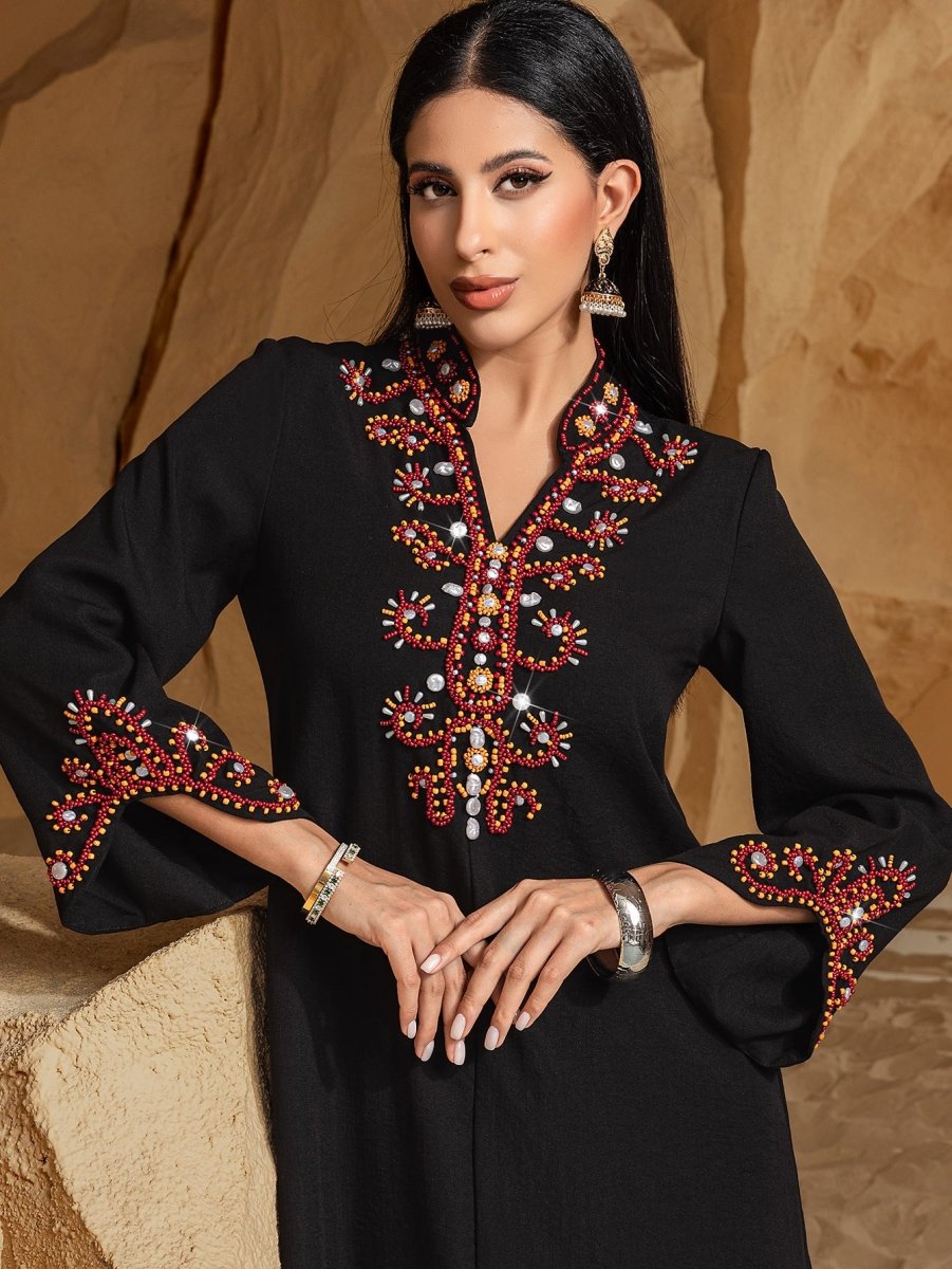 Luxury V-Neck Black & Gold Rice Bead Embroidered  Party & Wedding Abaya (MA187)