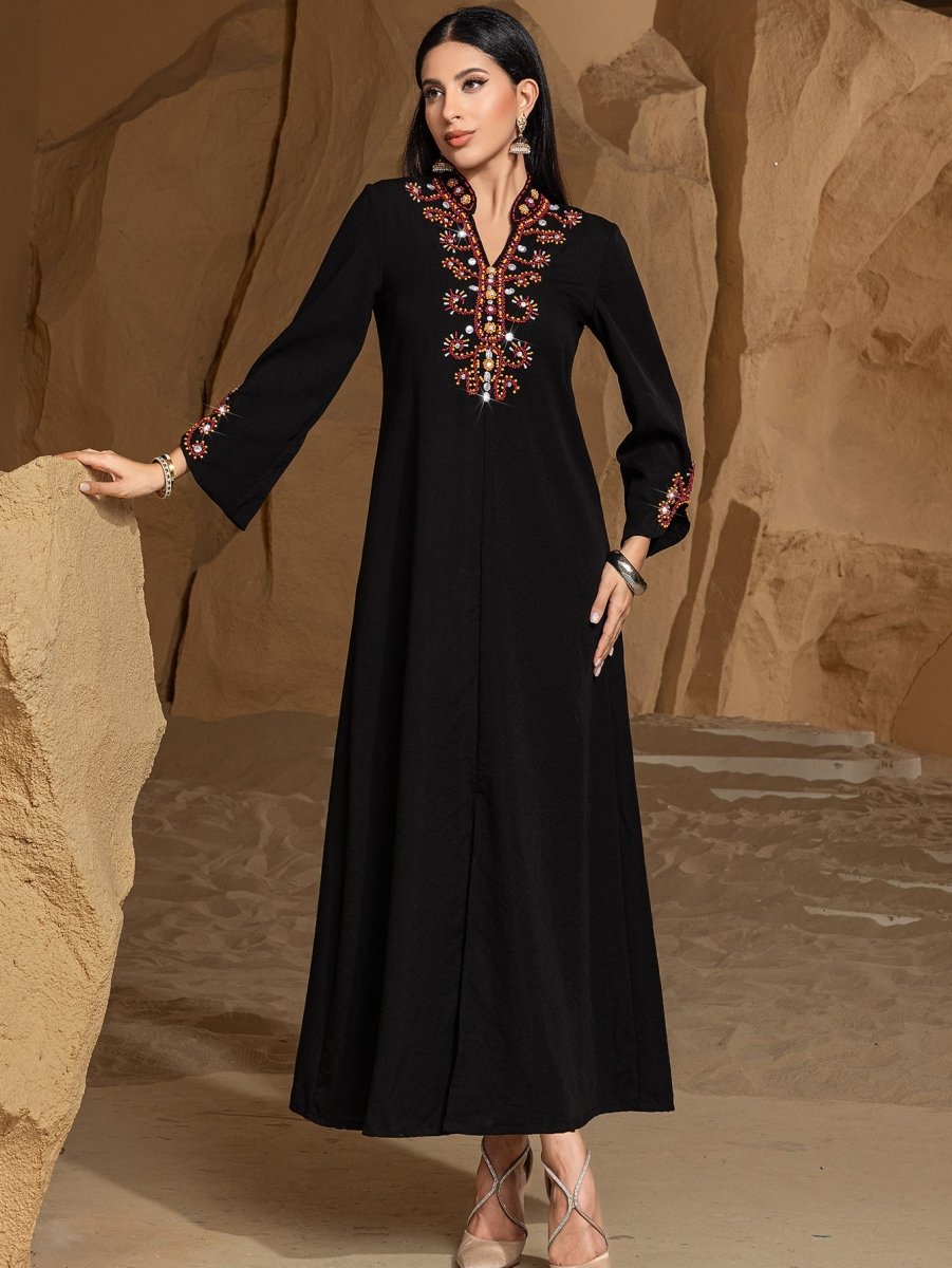 Luxury V-Neck Black & Gold Rice Bead Embroidered  Party & Wedding Abaya (MA187)