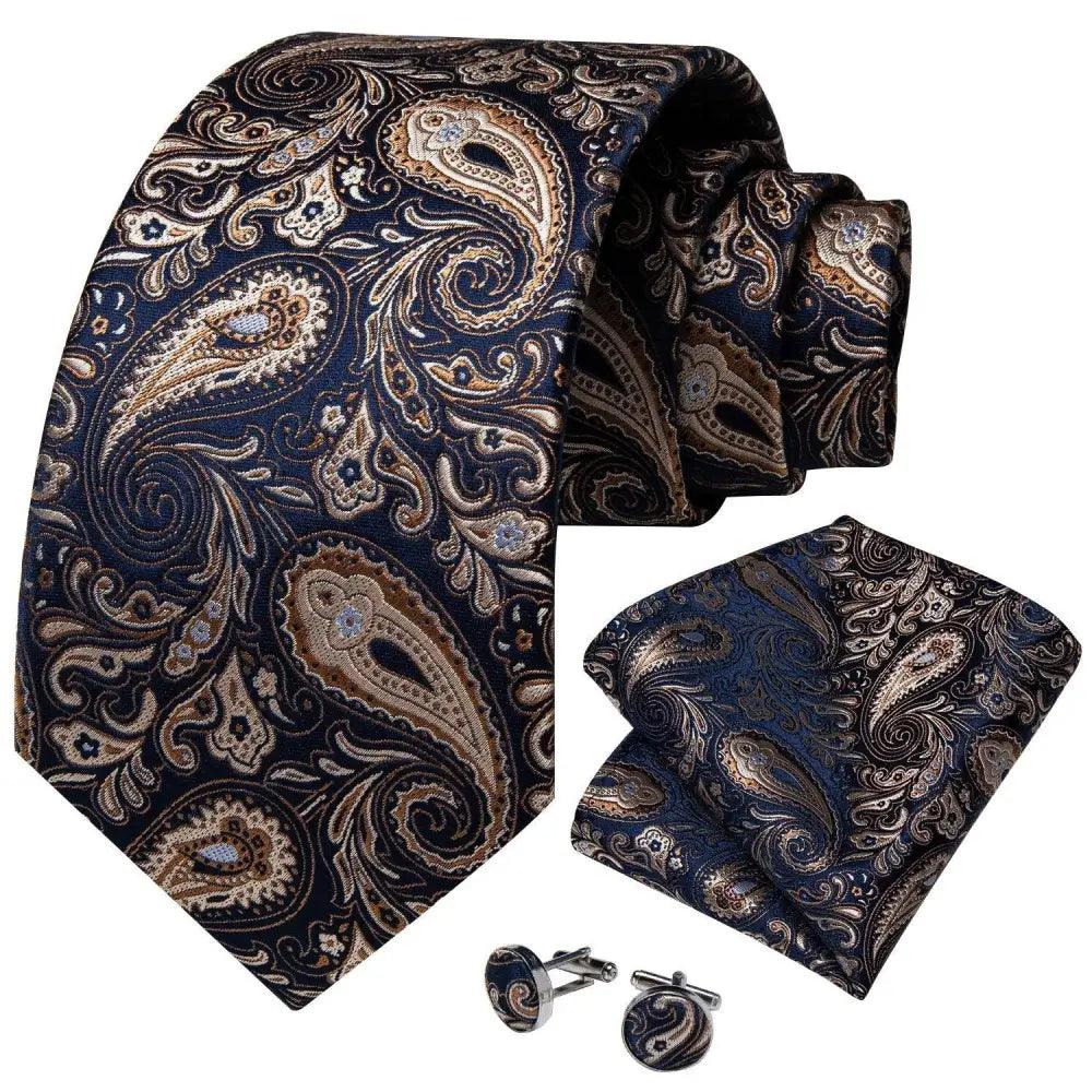 Luxury Wedding Party Floral Design Silk Necktie Hanky And Matching Cufflinks Set For Men Classic Design Necktie Set For Men