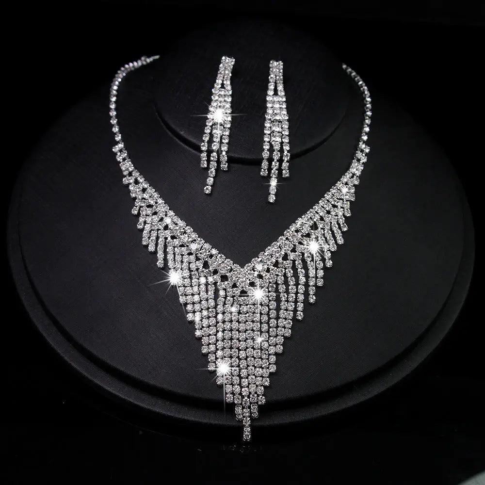 MAC047 Rhinestone Crystal angle Earring Fringe Chain Necklaces Sets
