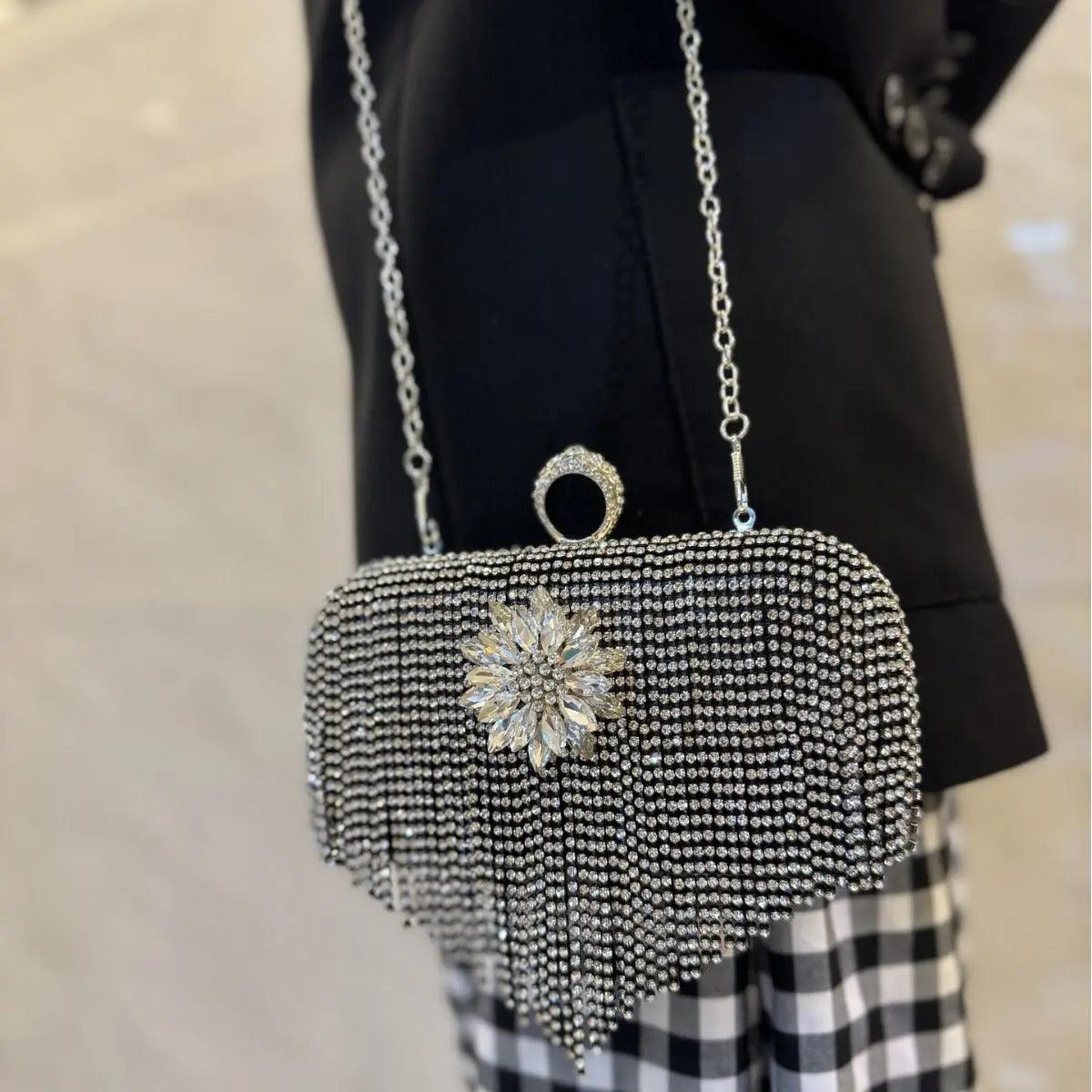 MAC056 Tassel Evening Clutch Bag Luxury Rhinestones Party Prom Purse Handbag With Detachable Chain
