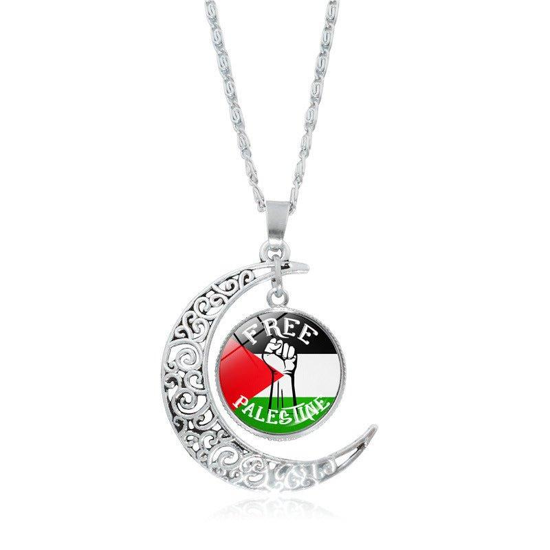 MAC077 Women's Versatile Silver keffiyeh Hollow Moon Pendant Necklace