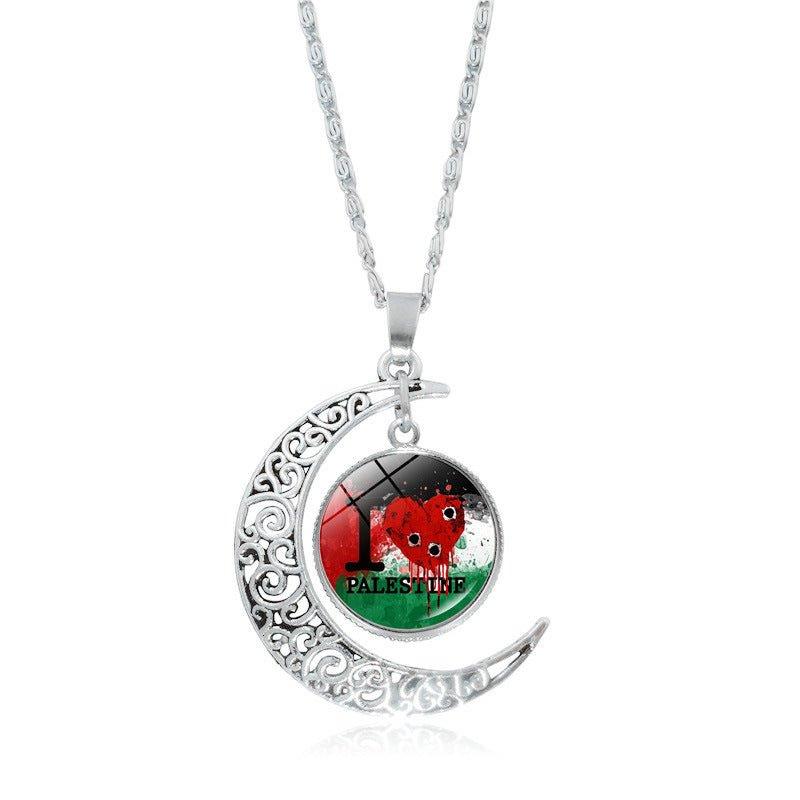 MAC077 Women's Versatile Silver keffiyeh Hollow Moon Pendant Necklace