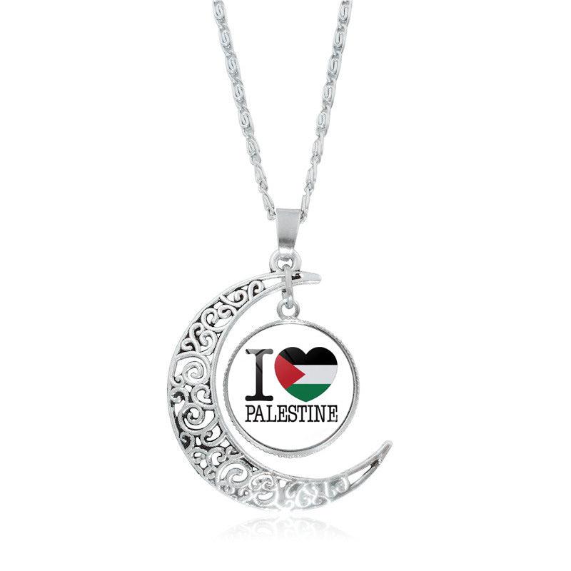 MAC077 Women's Versatile Silver keffiyeh Hollow Moon Pendant Necklace