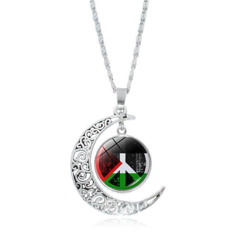 MAC077 Women's Versatile Silver keffiyeh Hollow Moon Pendant Necklace