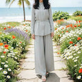 Mandarin Collar Drop-Shoulder Button Top & Wide-Leg Trouser Set(MS462)
