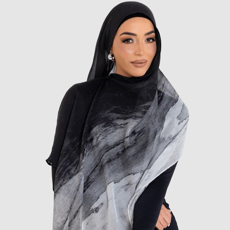 Marble Print Chiffon Hijab | Black & White Tie-Dye(MH227)