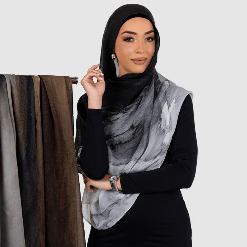 Marble Print Chiffon Hijab | Black & White Tie-Dye(MH227)