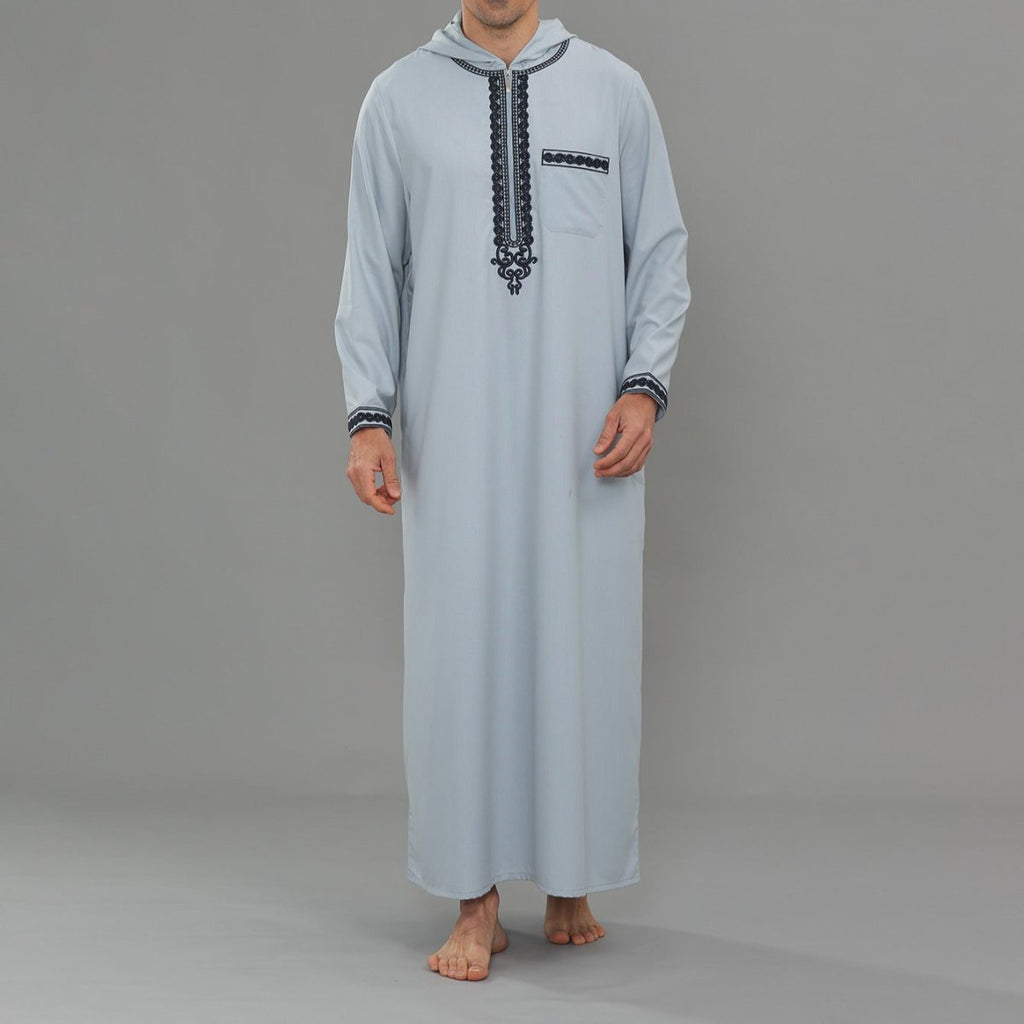 Men's Hooded Embroidered Thobe with Pockets (MT037)