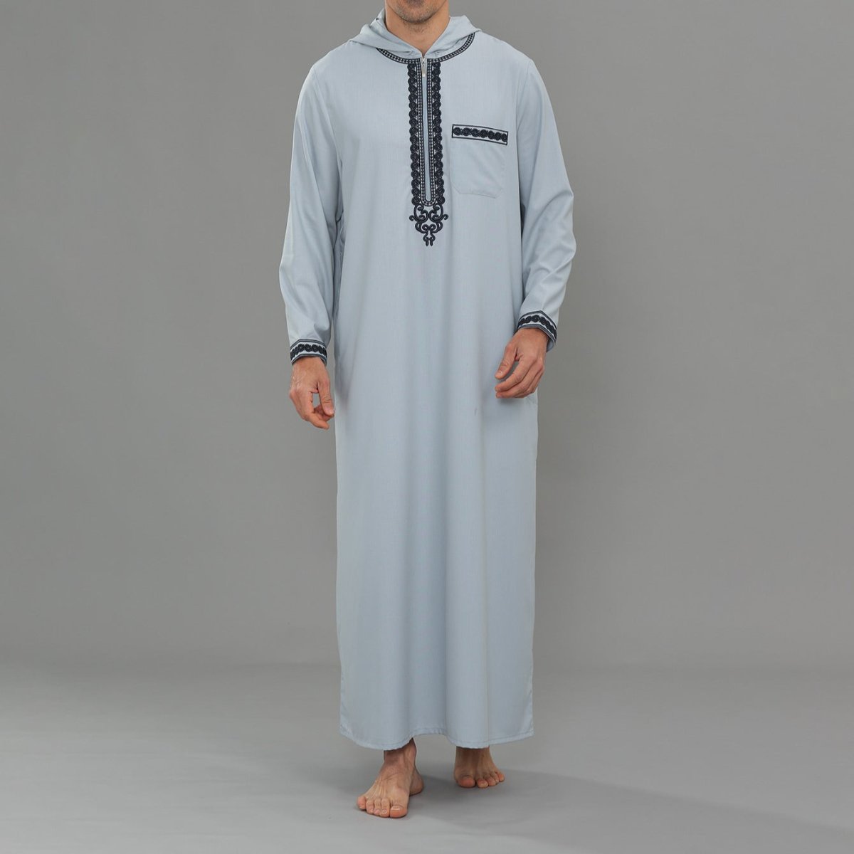 Men's Hooded Embroidered Thobe with Pockets (MT037)