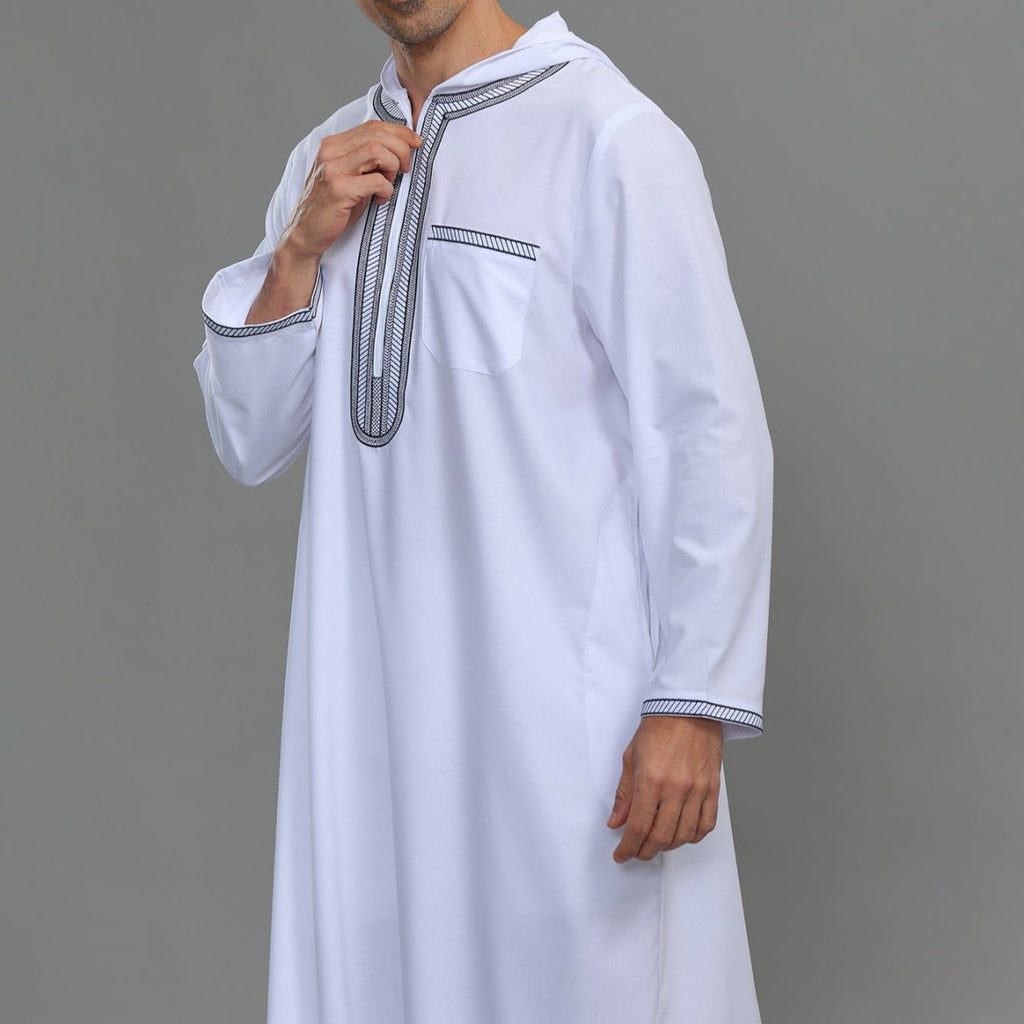 Men's Hooded Embroidered Thobe with Pockets (MT037)