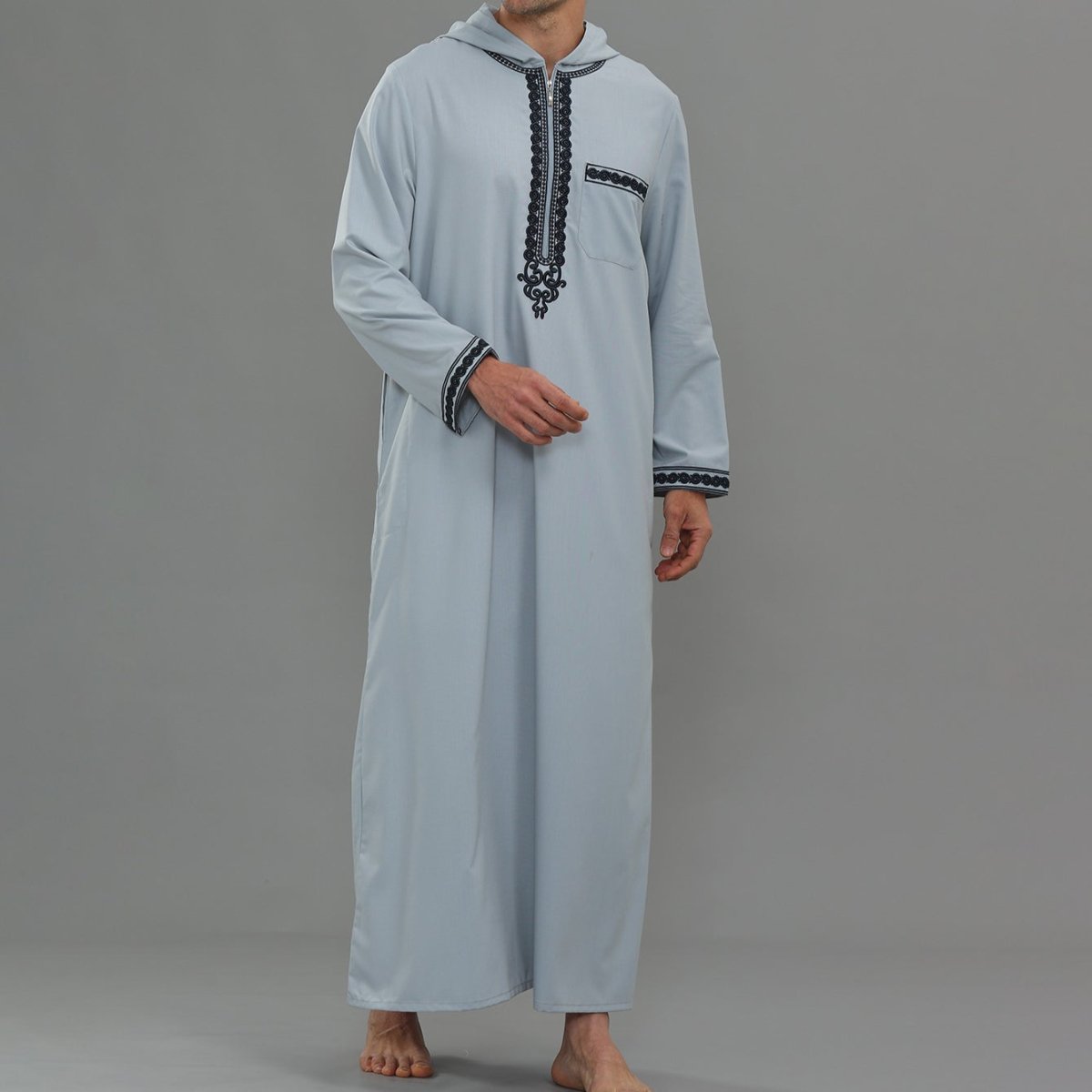 Men's Hooded Embroidered Thobe with Pockets (MT037)