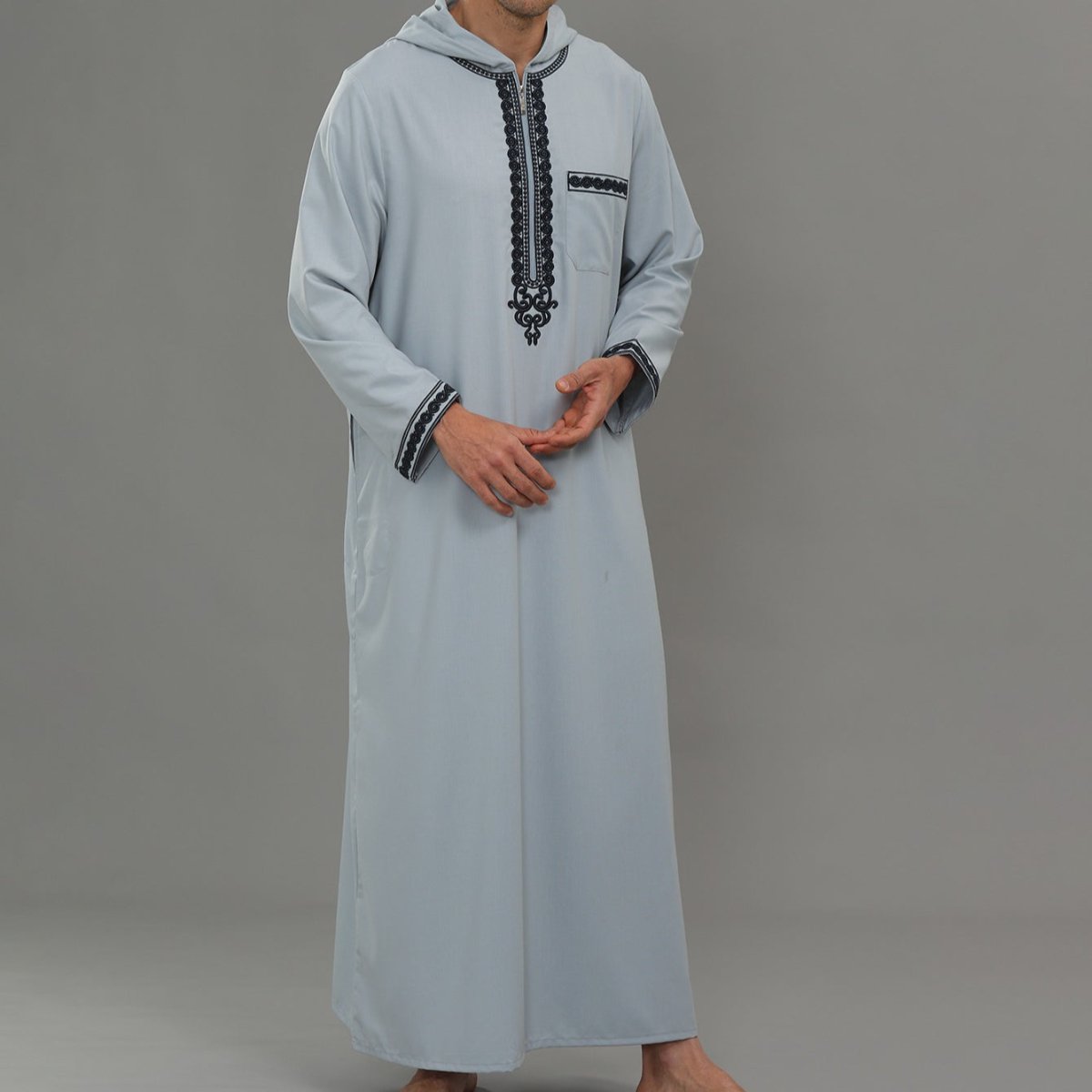 Men's Hooded Embroidered Thobe with Pockets (MT037)